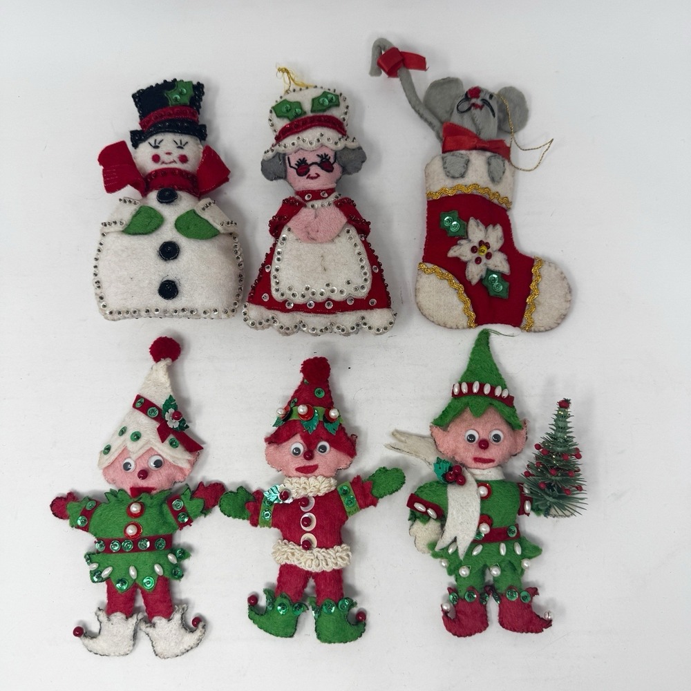 6 Vintage BUCILLA Felt SEQUIN Christmas Ornaments Elf Elves Mrs Claus  *No Loops